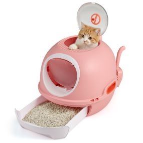Caja de arena cerrada para gatos con entrada frontal y superior, pala y bandeja, rosa