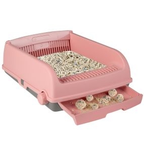 Caja de arena para gatos semi-automática con tapa abierta, lados altos, bandeja y pala deslizante rosa