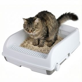 Caja de arena para gatos semi-automática con tapa abierta y lados altos, blanco