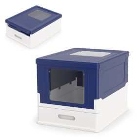 Caja de arena plegable con tapa cerrada, entrada frontal y salida abatible, azul marino