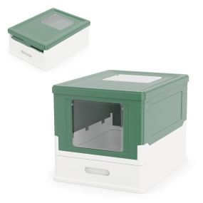 Caja de arena plegable con tapa cerrada, entrada frontal y salida abatible, verde, hasta 10 kg