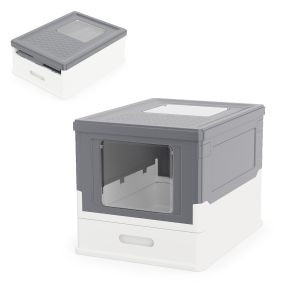 Caja de arena plegable con tapa cerrada, entrada frontal y salida abatible, gris, para gatos hasta 10 kg
