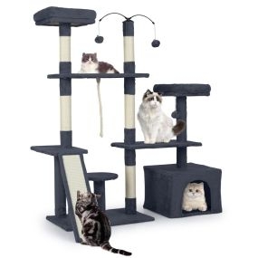 Árbol para gatos de 136 cm con casa de juegos, postes rascadores de sisal, rampa y 2 posaderos gris oscuro