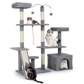 Árbol para gatos 136 cm casa de juegos de varios niveles con postes rascadores de sisal y rampa gris claro
