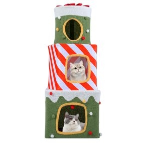 Árbol de Navidad para gatos de interior 120 cm con 3 condominios, cuevas y bola colgante verde