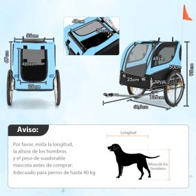 Remolque de bicicleta para mascotas 40 kg 2 puertas 60,5 x 135 x 95 cm azul