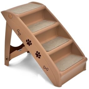 Escalera plegable de plástico para mascotas 4 peldaños con fieltro café 62,5 x 38 x 49 cm