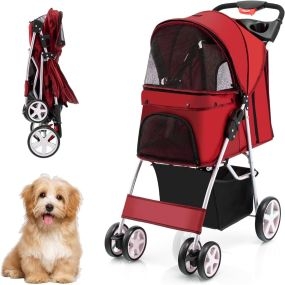 Cochecito plegable para mascotas de 4 ruedas con cesta y ventana 87 x 46 x 102 cm rojo