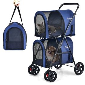 Cochecito 4 en 1 para perros y gatos doble nivel plegable desmontable azul 51 x 68 x 107 cm