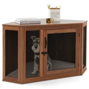 Mueble de esquina para mascotas con puerta de malla y cojín, interior, 114 x 59 x 67 cm, marrón