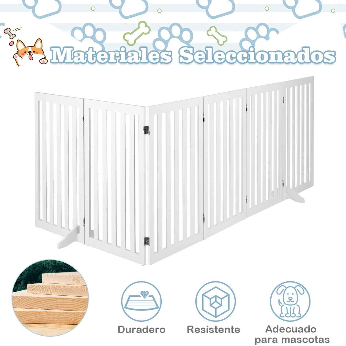 Set de cerca para mascotas de 5 paneles plegable de madera con bisagras 360° expandible 89 cm blanco