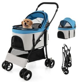 Cochecito plegable para mascotas con asiento extraíble, toldo ajustable y cesta 88 x 48 x 98 cm azul