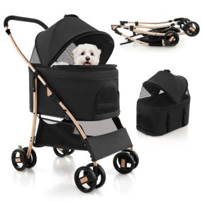 Cochecito plegable para mascotas con asiento de coche extraíble, toldo ajustable y cesta, 88 x 48 x 98 cm, oro