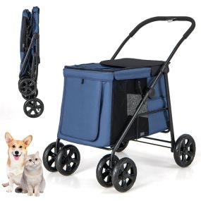 Cochecito plegable de 4 ruedas para mascotas pequeñas y medianas, azul, portátil y transpirable