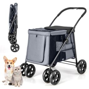 Cochecito plegable de 4 ruedas para mascotas pequeñas y medianas, gris, portátil y transpirable