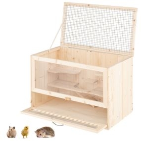 Jaula de madera para hámster con techo de malla abatible, rampas y panel acrílico, caja natural