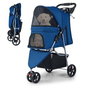 Cochecito plegable para mascotas ligero con capota ajustable, almohadilla lavable, cesta y portavasos, 3 ruedas, hasta 15 kg, azul oscuro