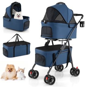 Cochecito para mascotas doble 3 en 1 plegable con 2 portadores desmontables azul
