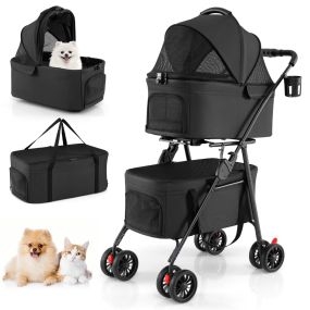 Cochecito para mascotas doble 3 en 1 plegable con 2 portadores desmontables negro
