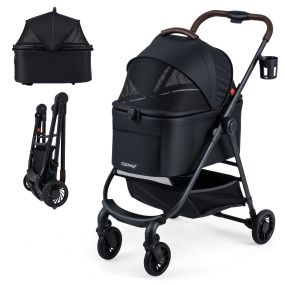 Cochecito para mascotas 3 en 1 plegable con asiento para coche y transportín desmontable negro