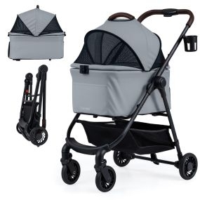 Cochecito para mascotas 3 en 1 plegable con asiento para coche y toldo de malla ajustable gris