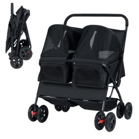 Cochecito doble para mascotas plegable con 2 asientos, sombrilla ajustable y cesta de almacenamiento negro