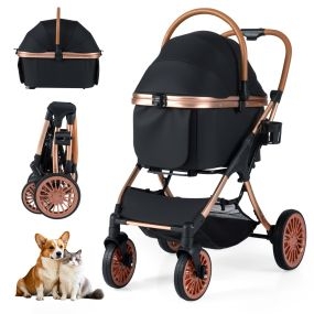 Cochecito para mascotas 3 en 1 plegable con transportín removible, sombra solar y almohadilla extraíble negro