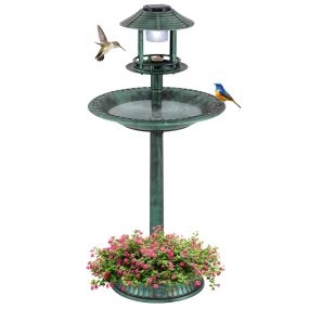 3 en 1 Baño Solar para Pájaros de Exterior con Pedestal Comedero y Base de Macetero para Jardín 50 x 50 x 107 cm Verde