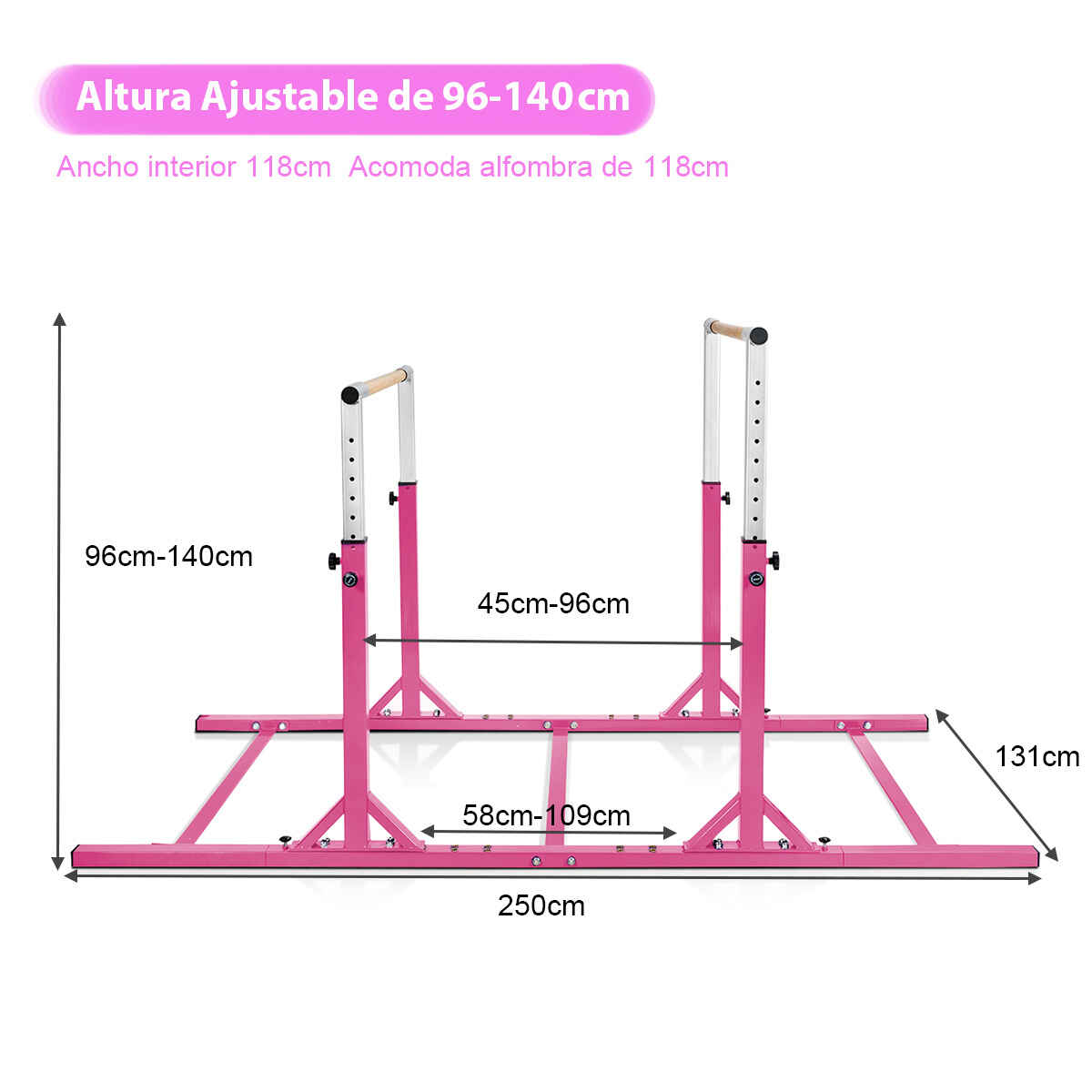 Barras paralelas de gimnasia ajustables 11 alturas 100 kg para niños 6-12 años 250 x 131 x 140 cm rosa