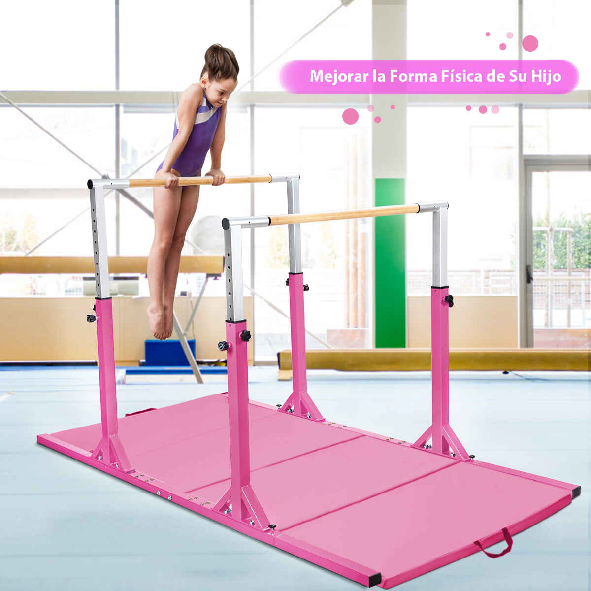Barras paralelas de gimnasia ajustables 11 alturas 100 kg para niños 6-12 años 250 x 131 x 140 cm rosa