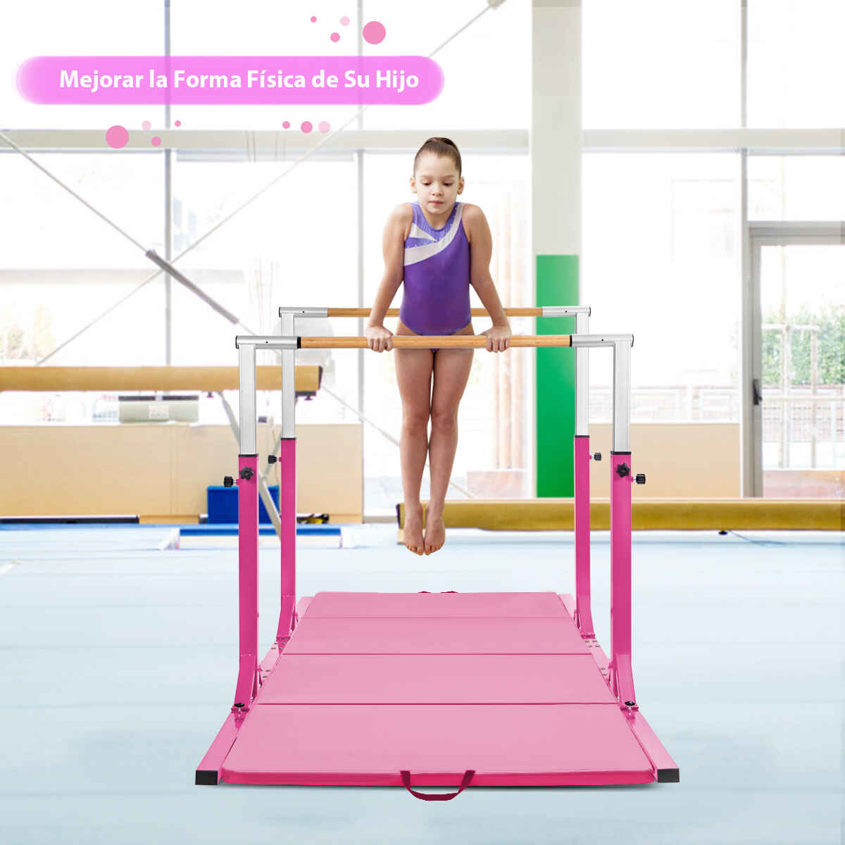 Barras paralelas de gimnasia ajustables 11 alturas 100 kg para niños 6-12 años 250 x 131 x 140 cm rosa