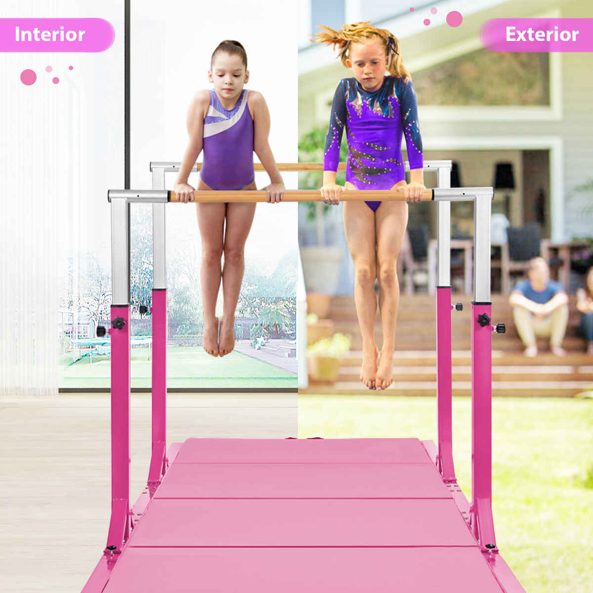 Barras paralelas de gimnasia ajustables 11 alturas 100 kg para niños 6-12 años 250 x 131 x 140 cm rosa
