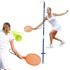 Set Portátil de Tenis para Entrenar Solos 2 Raquetas con Palo Regulable en Altura Espiral Brazo Giratorio para Playa Patio