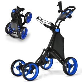 Carrito de golf de empuje plegable ligero 4 ruedas con bolsa impermeable freno de pie y soporte para paraguas azul