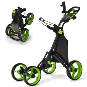 Carrito de golf plegable ligero de 4 ruedas con bolsa impermeable, freno de pie, soporte para paraguas y taza, verde