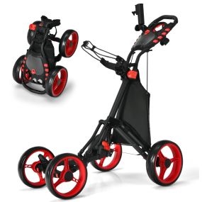 Carrito de golf plegable ligero de 4 ruedas con bolsa impermeable, freno de pie, soporte para paraguas y taza, rojo
