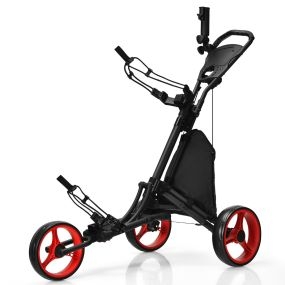 Carro de golf de empuje plegable de 3 ruedas con altura regulable, portavaso y marcador rojo