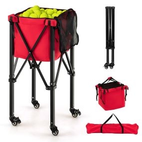 Carro plegable para pelotas de tenis con cesta de aluminio, ruedas y bolsa extraíble, rojo, 150 pelotas