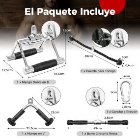 Juego de 4 accesorios para máquina de cable con mango de presión en V y barra recta para tríceps