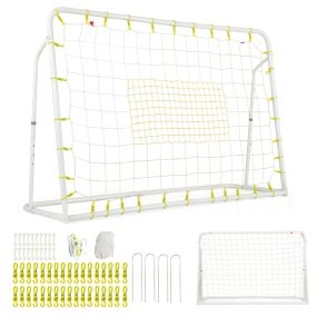 Portería de fútbol con ángulo ajustable y red de rebote, marco de metal, 187 x 122,5 cm, blanco, para niños 6+ años