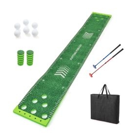 Juego de golf Pong con alfombra de putting de 332 cm, 2 palos ajustables, 6 bolas y 12 tapas, verde