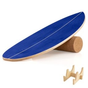 Tabla de equilibrio para adultos de madera con rodillo de corcho y estante de almacenamiento azul marino