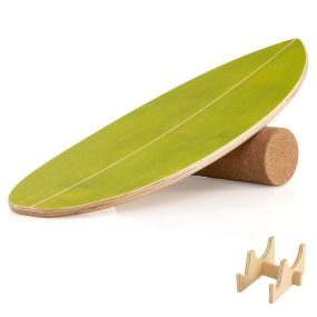 Tabla de equilibrio para adultos con rodillo de corcho y estante para fortalecer núcleo y surf oscilante verde y natural