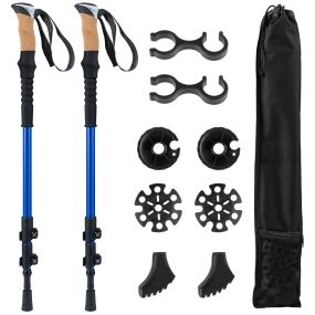Bastones de trekking de aluminio retráctiles para senderismo con empuñaduras de EVA y corcho natural, bloqueo azul