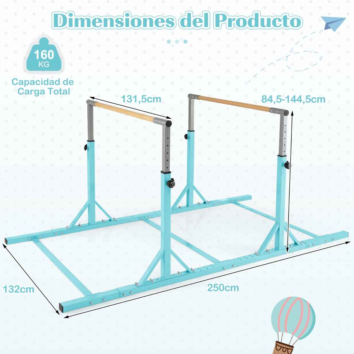 Barras paralelas infantiles dobles ajustables 13 niveles altura 6 ancho verde interior exterior