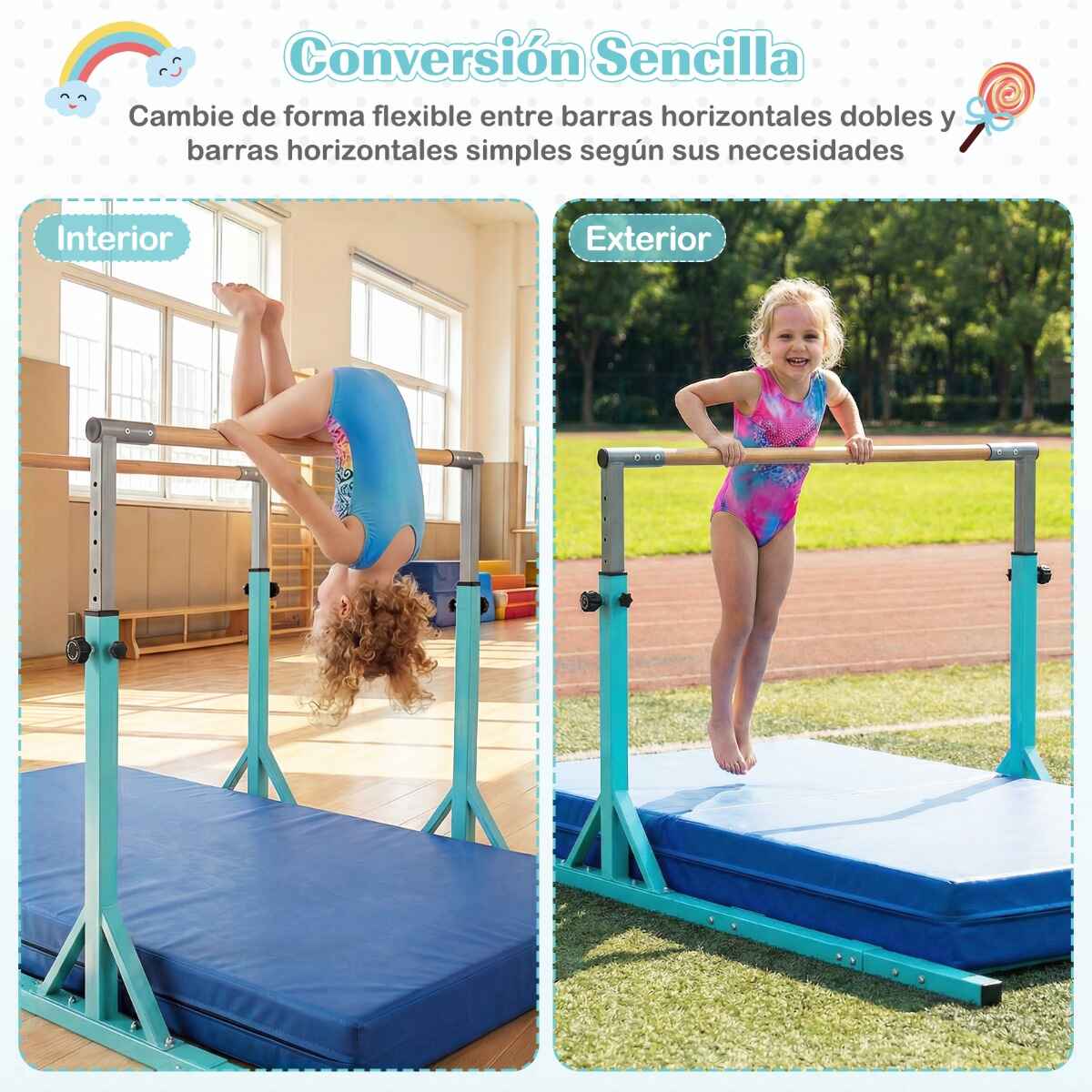 Barras paralelas infantiles dobles ajustables 13 niveles altura 6 ancho verde interior exterior