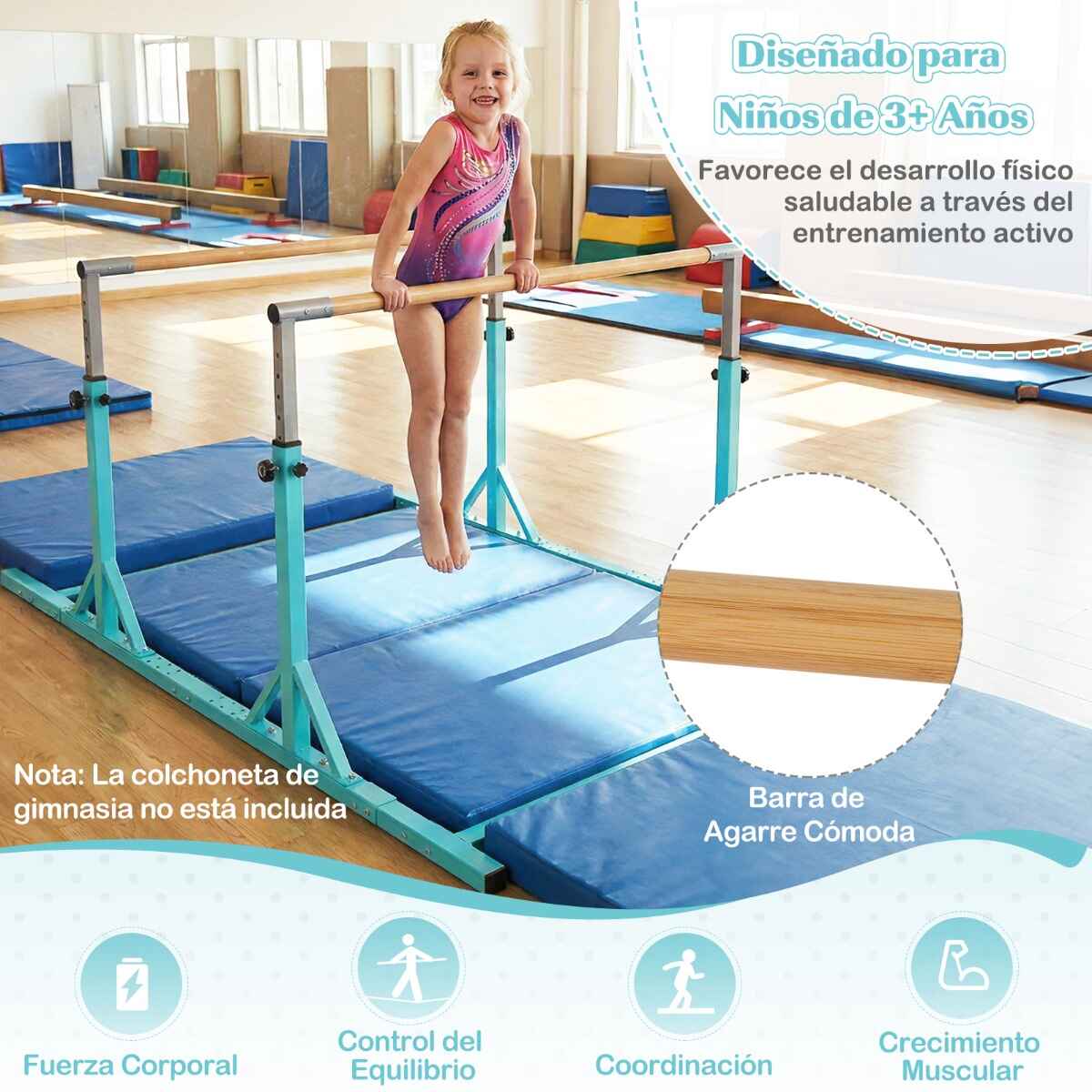 Barras paralelas infantiles dobles ajustables 13 niveles altura 6 ancho verde interior exterior