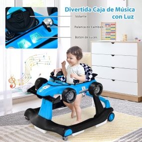 Andador plegable ajustable 3 niveles con ruedas regulables y cojín extraíble azul para bebé 6-18 meses