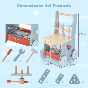 Andador de madera para bebés con juguetes de herramientas y almacenamiento inferior azul 30 x 30 x 47 cm