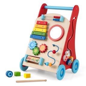 Andador de madera para bebé 3+ años con asa, almacenaje y ruedas multicolor